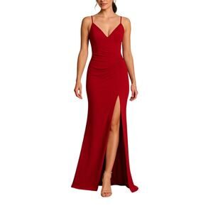 David's Bridal Emerald Sundae Red Crepe Spaghetti Strap Gown With Ruching Small